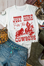 Hazel Blues® |  White JUST HERE For THE COWBOY Cuffed Sleeve Crew Neck T Shirt