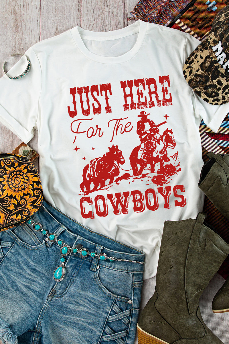 Hazel Blues® |  White JUST HERE For THE COWBOY Cuffed Sleeve Crew Neck T Shirt