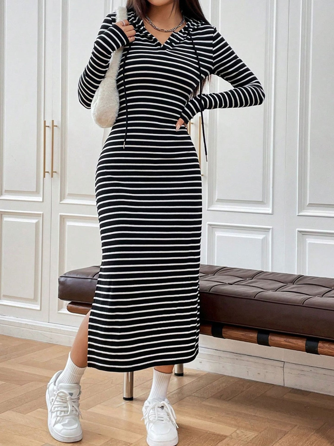 Hazel Blues® |  Drawstring Striped Long Sleeve Hooded Dress