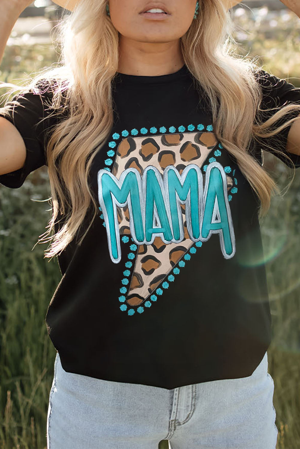 Hazel Blues® |  Black Western MAMA Leopard Lightning Graphic Tee