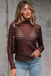 Hazel Blues® |  Coffee Sheer Mesh Patterned Lettuce Trim Slim Long Sleeve Top