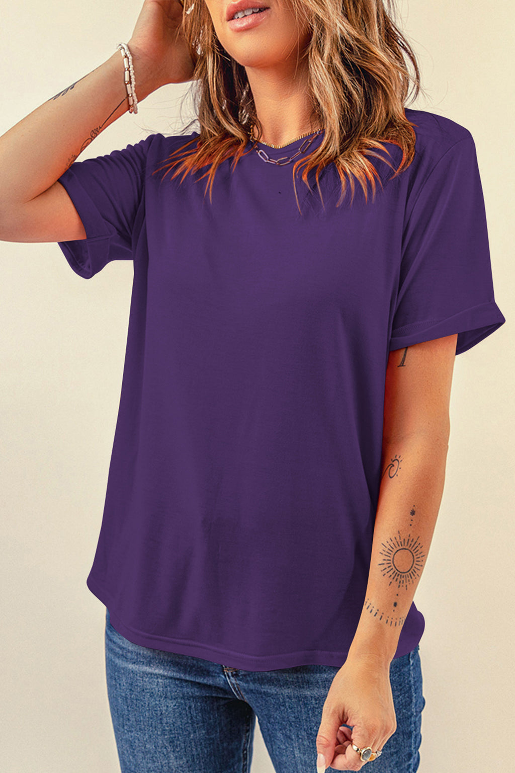 Tillandsia Purple Casual Plain Crew Neck Tee