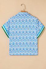 Hazel Blues® |  Pink Western Print Zipped Collar Short Sleeve Summer Blouse Top