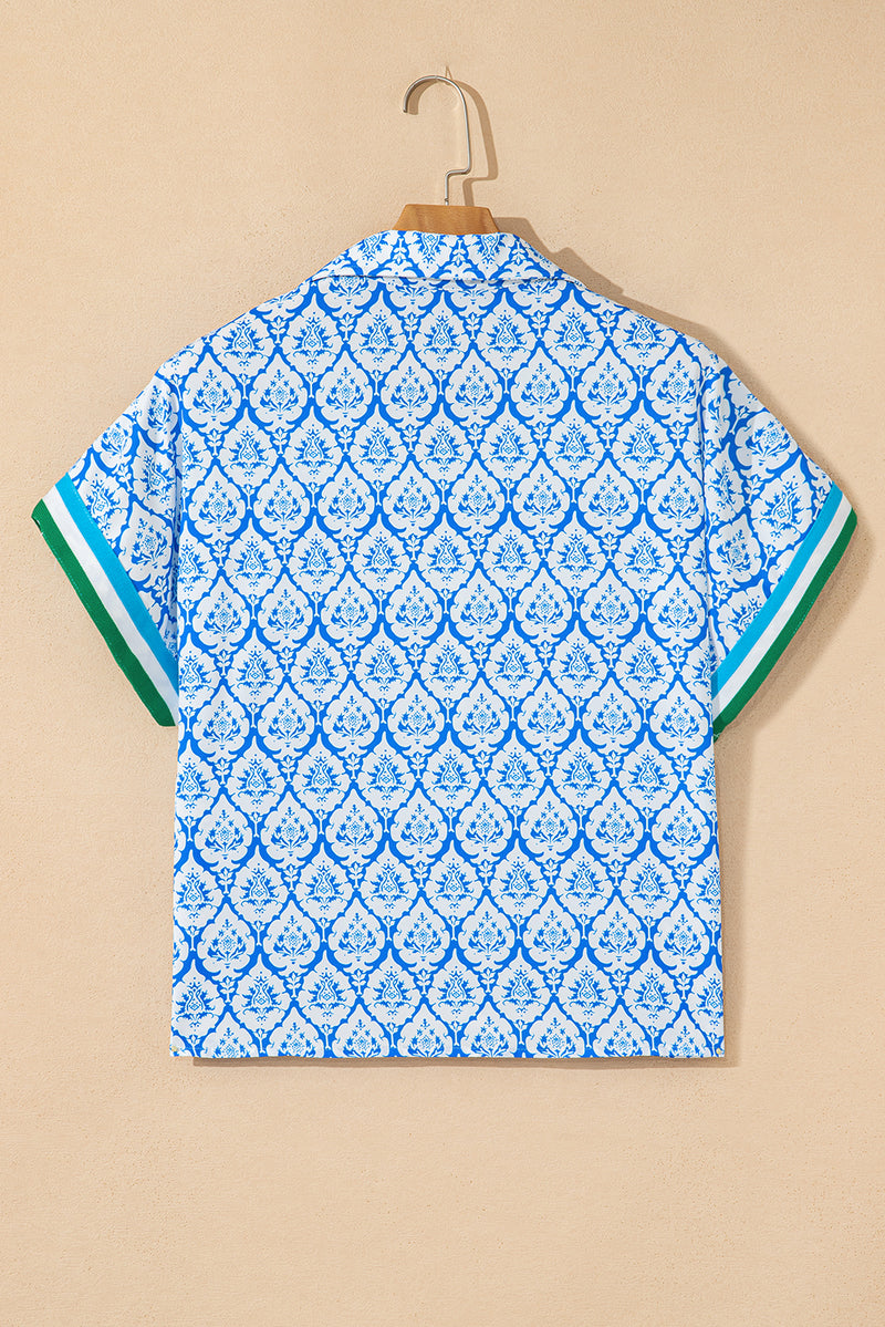 Hazel Blues® |  Pink Western Print Zipped Collar Short Sleeve Summer Blouse Top