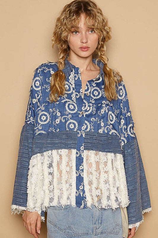 Hazel Blues® |  POL Lace Hem Embroidered Long Sleeve Shirt