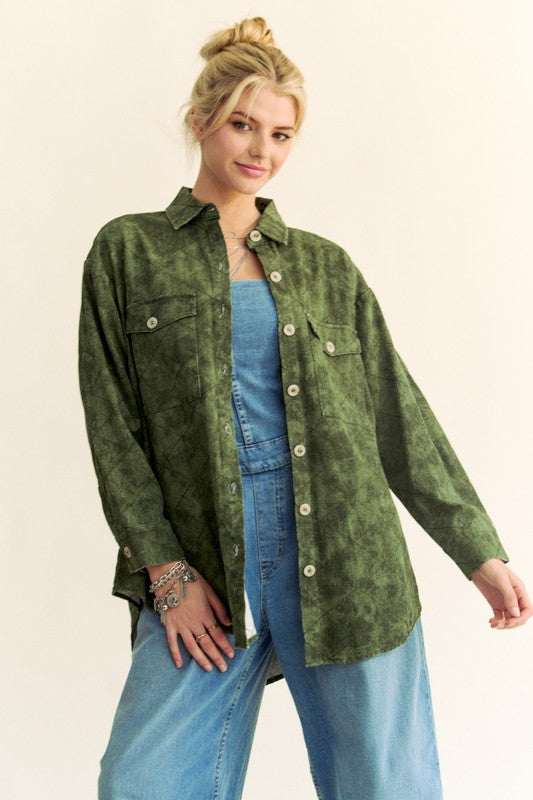 Hazel Blues® |  Davi & Dani Curved Hem Diamond Quilted Button Up Denim Shacket