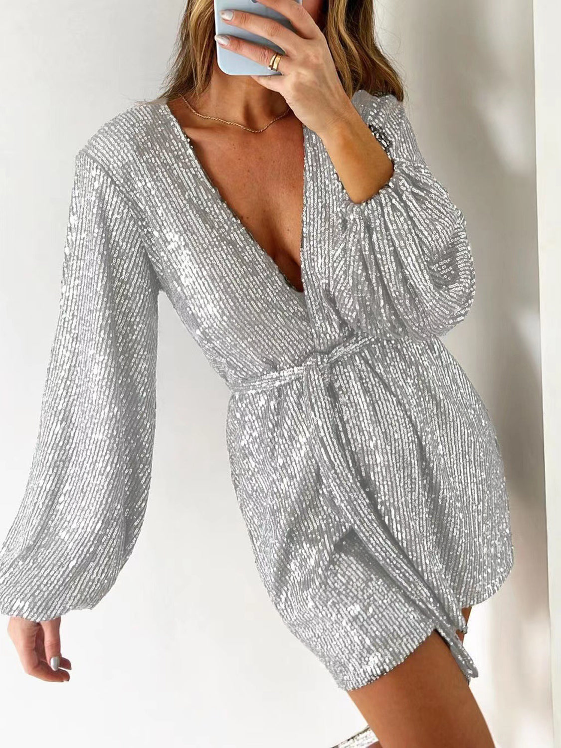 Hazel Blues® |  Sequin Surplice Tie Waist Long Sleeve Romper