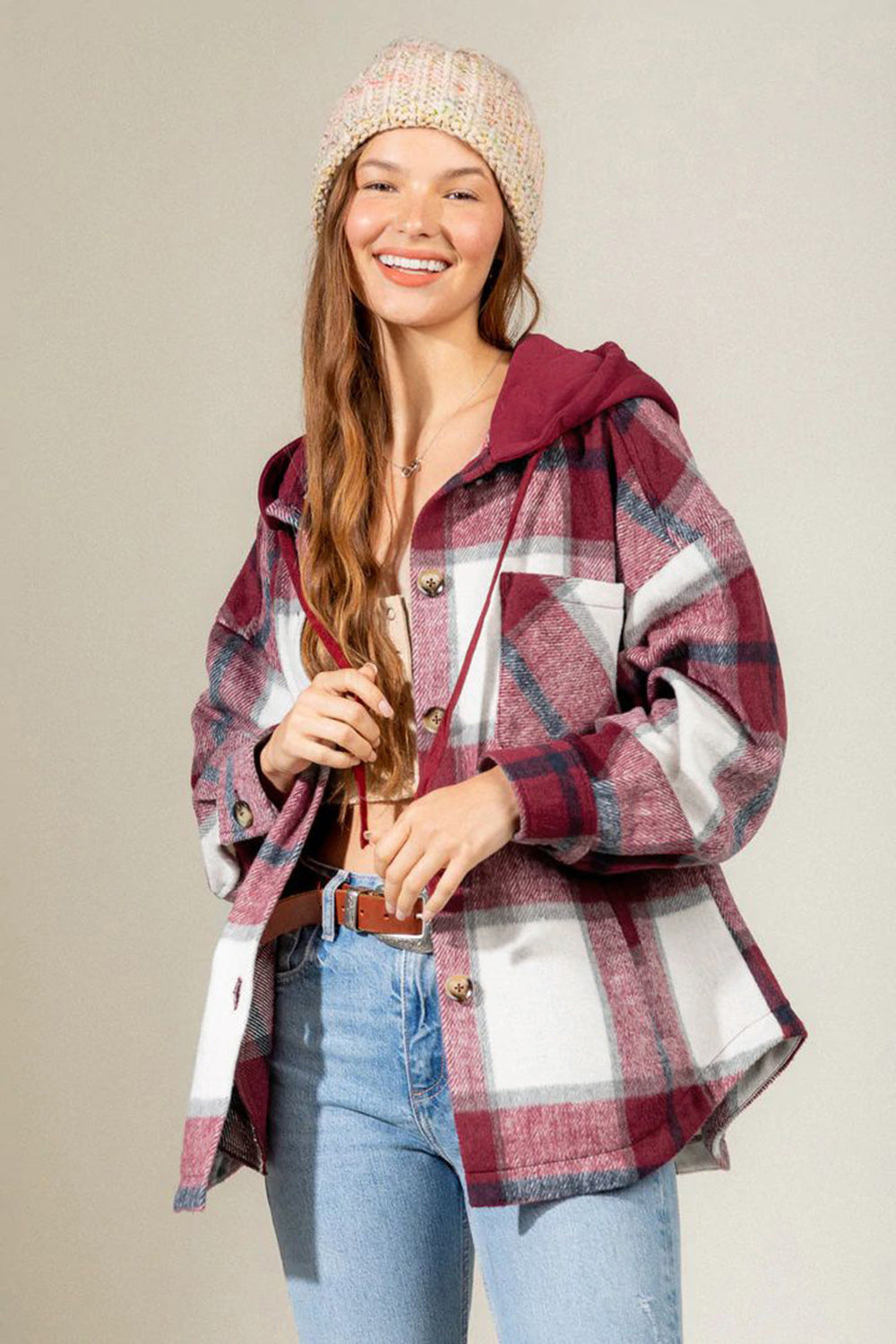 Hazel Blues® |  Drawstring Plaid Dropped Shoulder Hooded Shacket