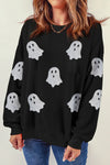 Hazel Blues® |  Black Glitter Ghost Pattern Crew Neck Halloween Sweatshirt