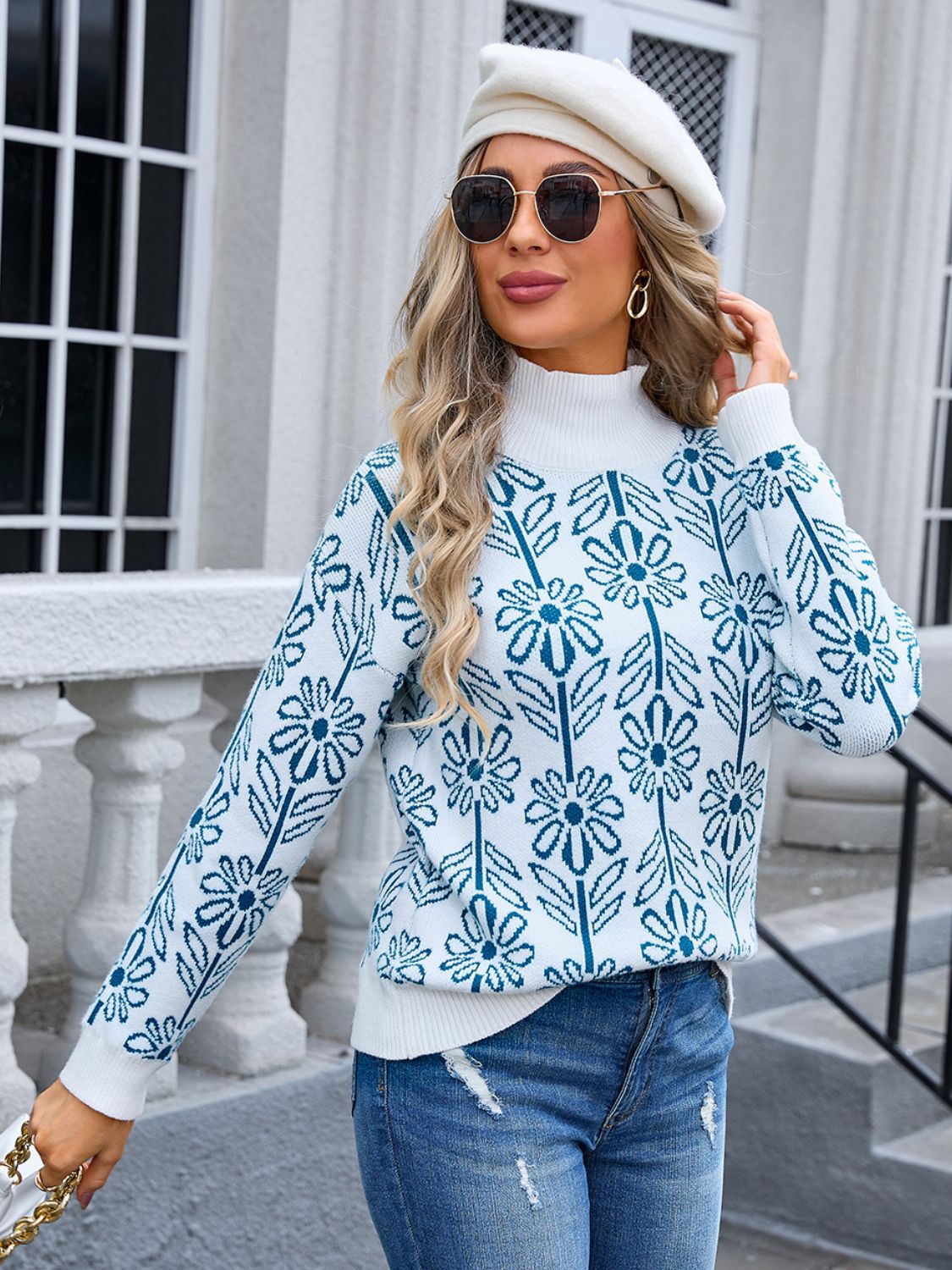 Hazel Blues® |  Flower Turtleneck Long Sleeve Sweater