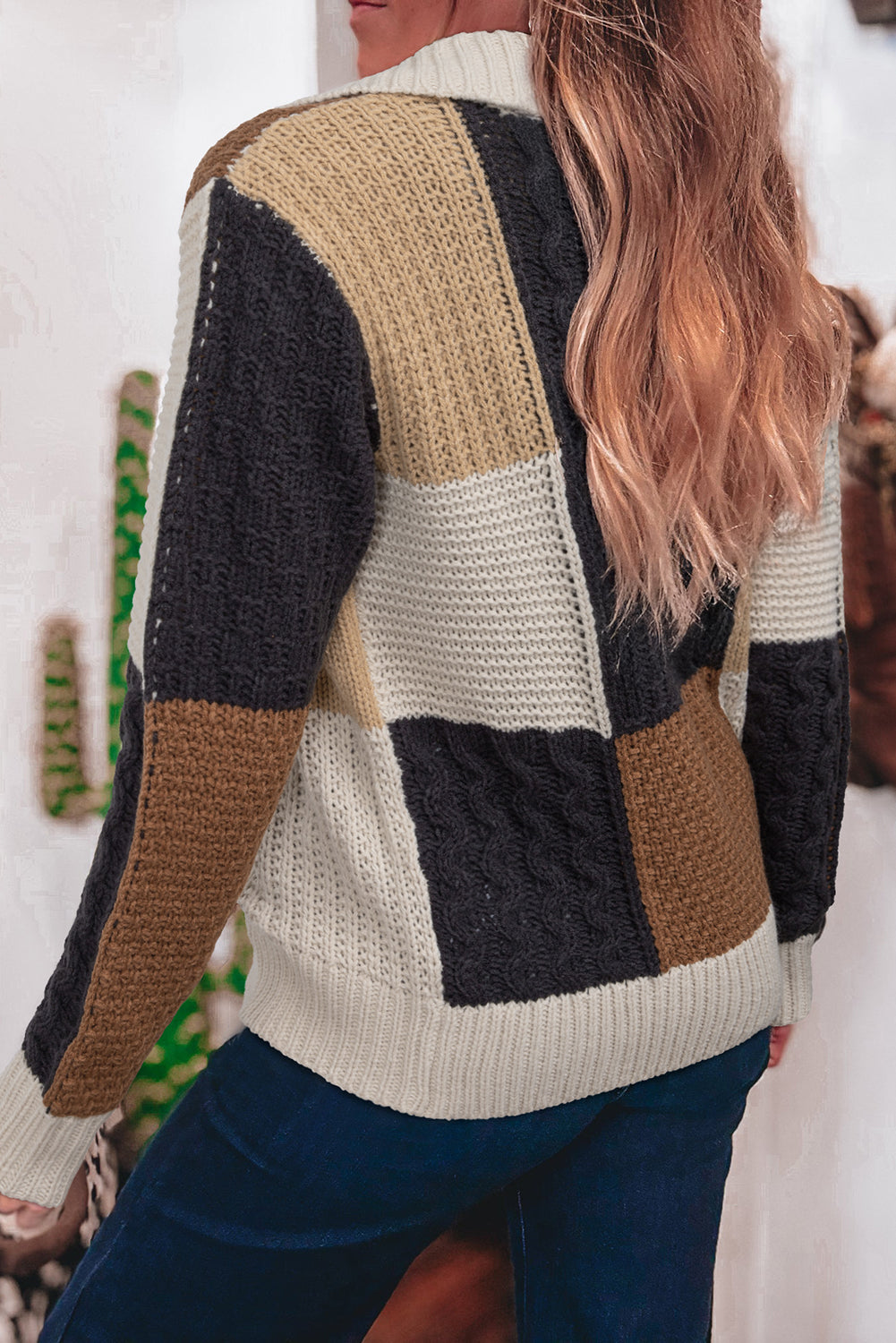 Hazel Blues® |  Multicolour Color Block Cable Knit Sleeve Buttons Collared Sweater