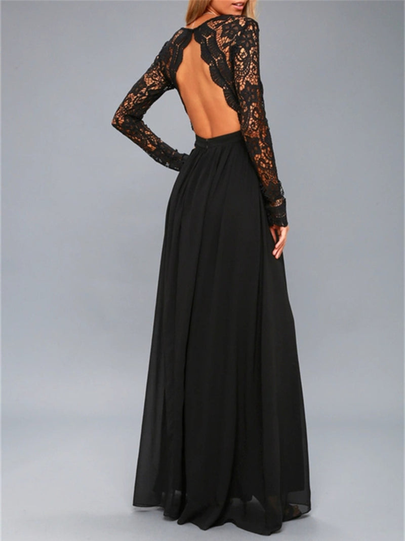 Hazel Blues® |  Lace Detail Backless Long Sleeve Maxi Dress