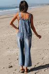 Hazel Blues® |  Stone Blue Distressed Bib Pocket Wide Leg Denim Overall