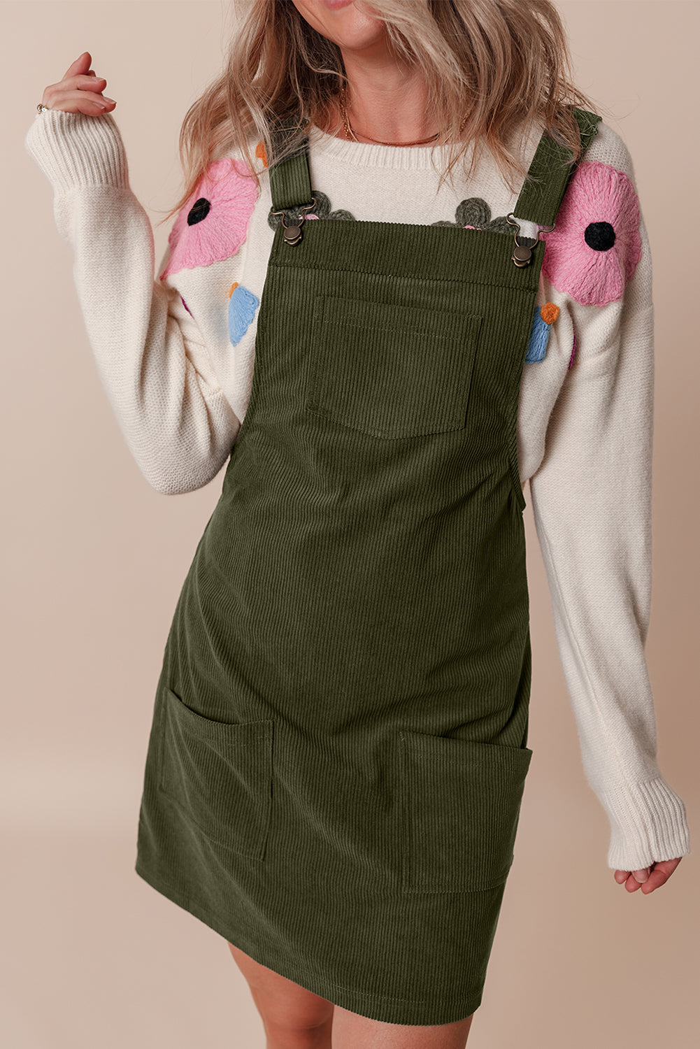 Hazel Blues® |  Vineyard Green Solid Front Pockets Sleeveless Corduroy Overall Dress