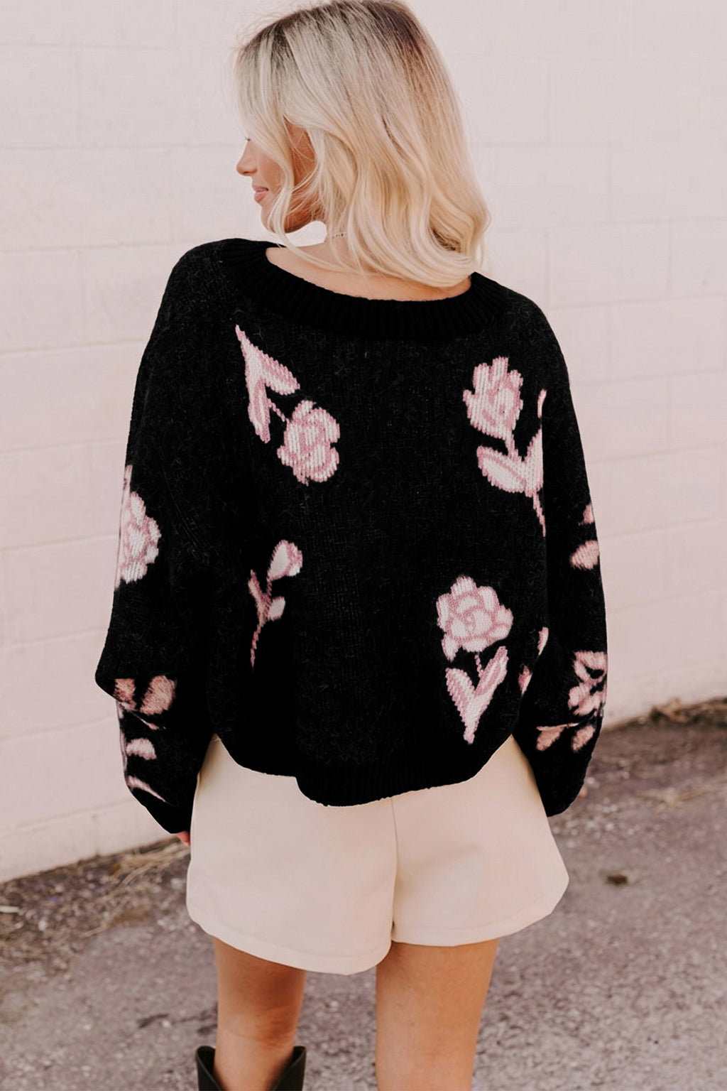 Maeve Dawn Black Floral Pattern Puff Sleeve Dropped Shoulder Pullover Sweater