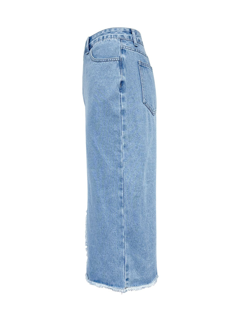 Hazel Blues® |  Raw Hem Slit Midi Denim Skirt