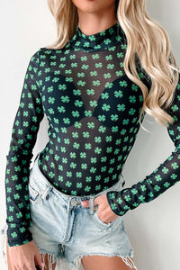 Hazel Blues® |  Lucky Clover Mock Neck Long Sleeve Bodysuit