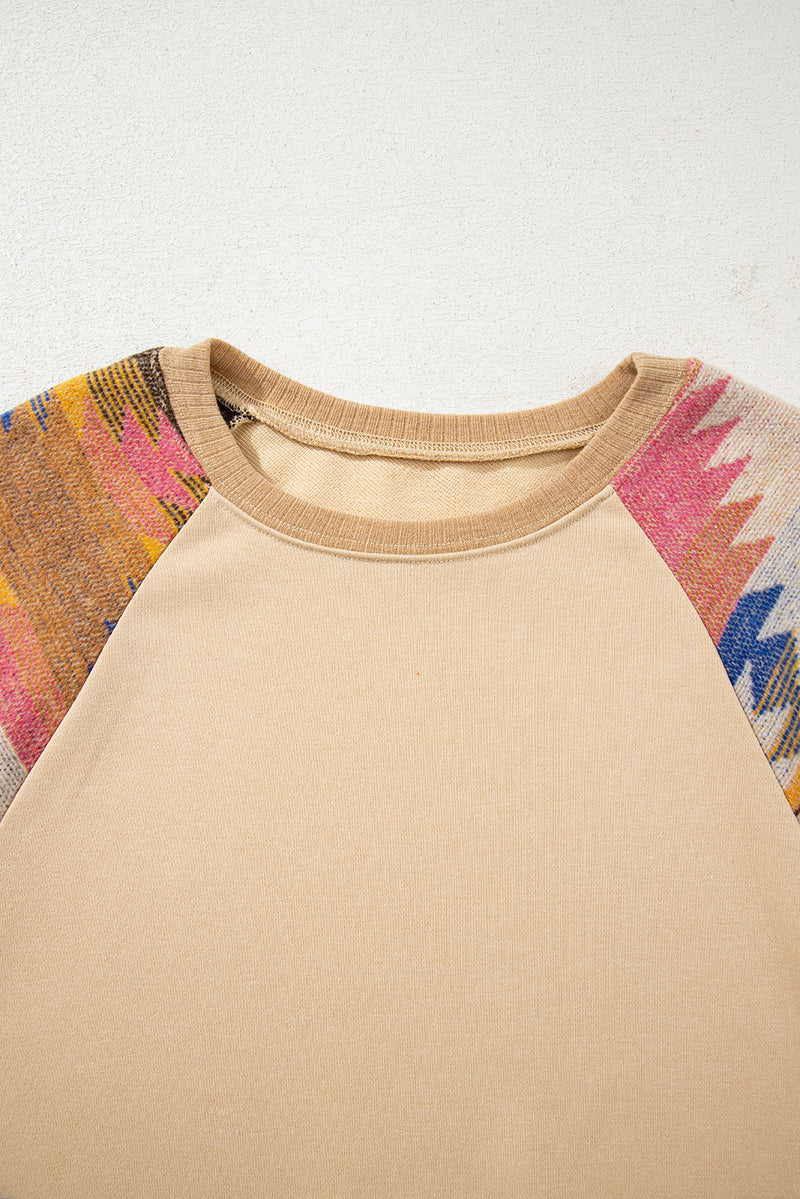 Hazel Blues® |  Light French Beige Aztec Patchwork Raglan Pullover Sweatshirt