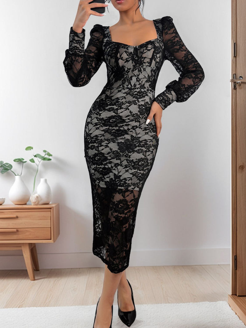 Hazel Blues® |  Perfee Lace Sweetheart Neck Long Sleeve Midi Dress