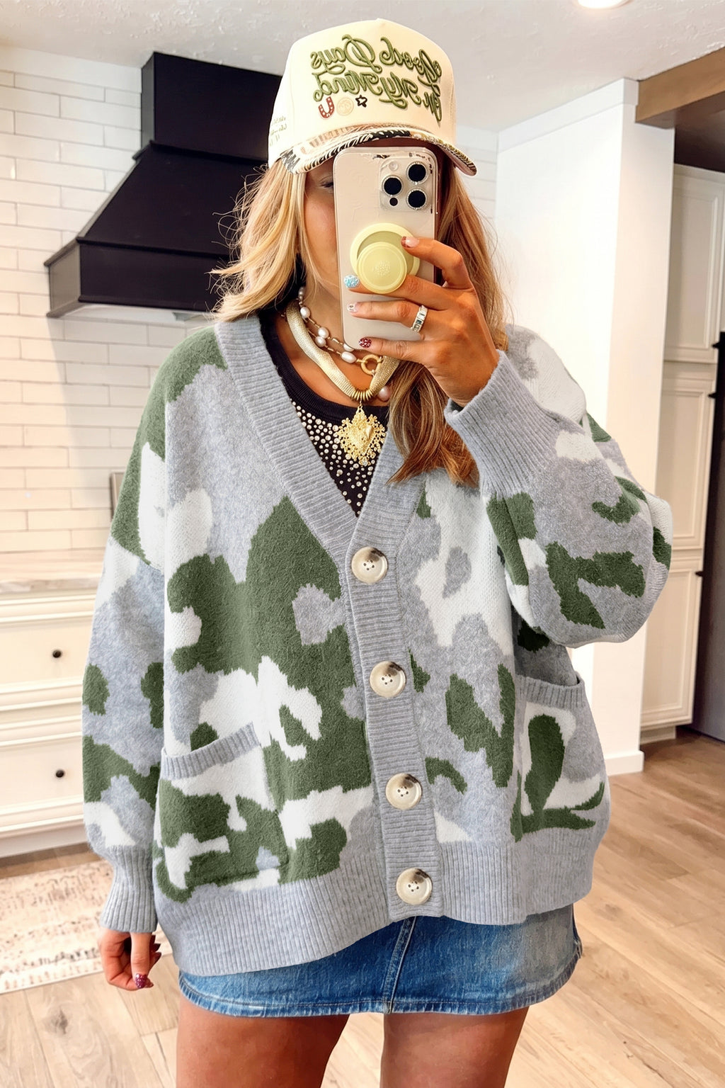 Green Camouflage Drop-Shoulder V-Neck Button-Front Cardigan