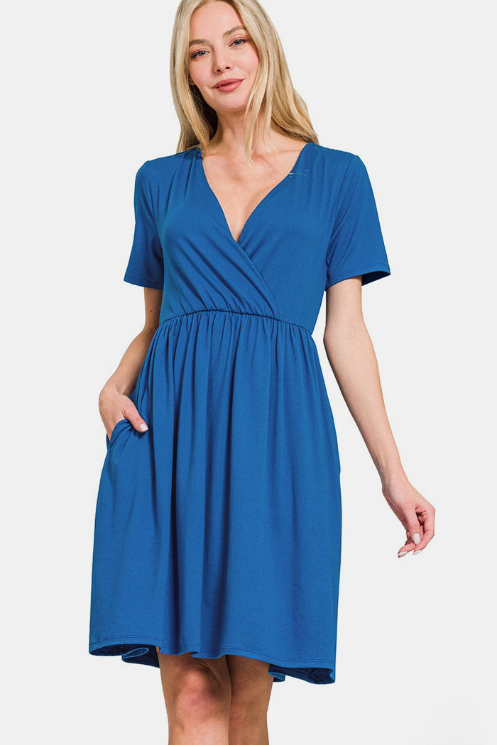 Hazel Blues® |  Zenana Surplice Short Sleeve Brushed DTY Dress