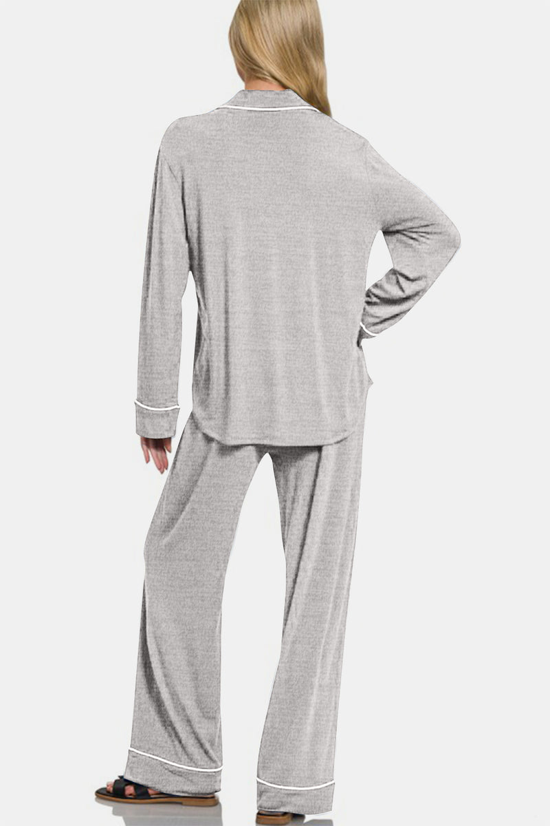 Hazel Blues® |  Zenana Button Down Long Sleeve Top and Pants Lounge Set