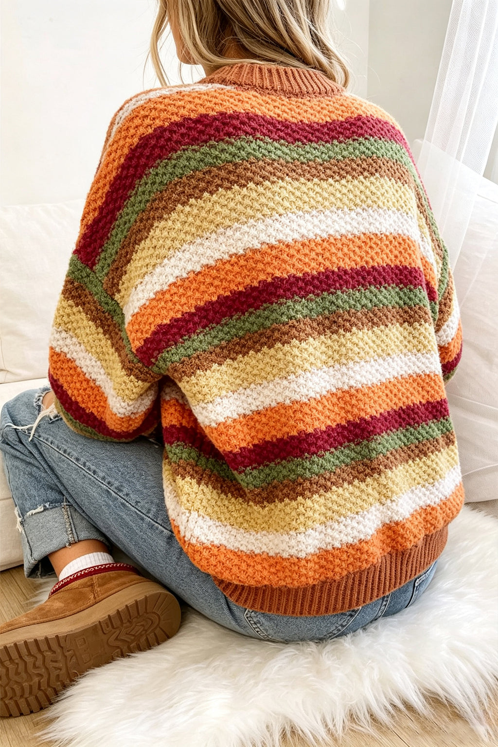 Camel Rainbow Stripe Puff-Sleeve Sweater