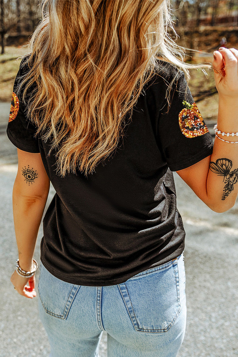 Hazel Blues® |  Black Sequin Pumpkin Face Halloween T Shirt