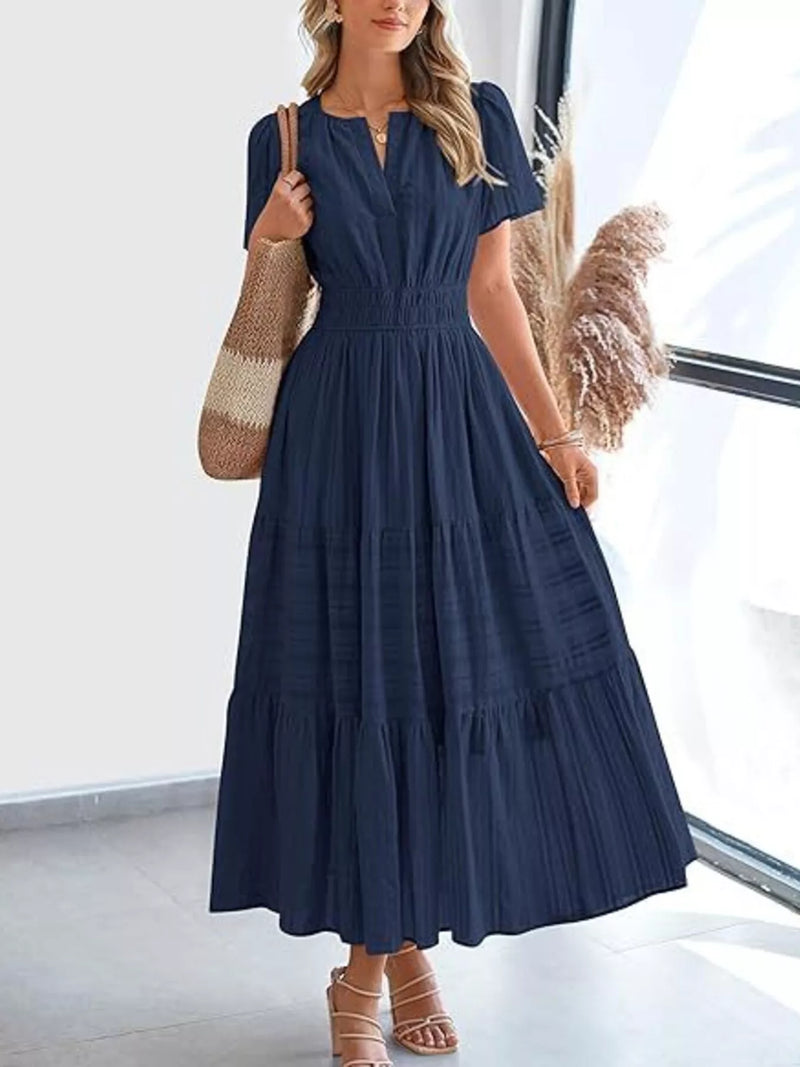 short sleeve tiered midi dress Gina Pink Floral Short Sleeve Tiered Midi Dress