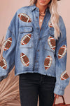 Hazel Blues® |  Raw Hem Sequin Football Long Sleeve Denim Jacket