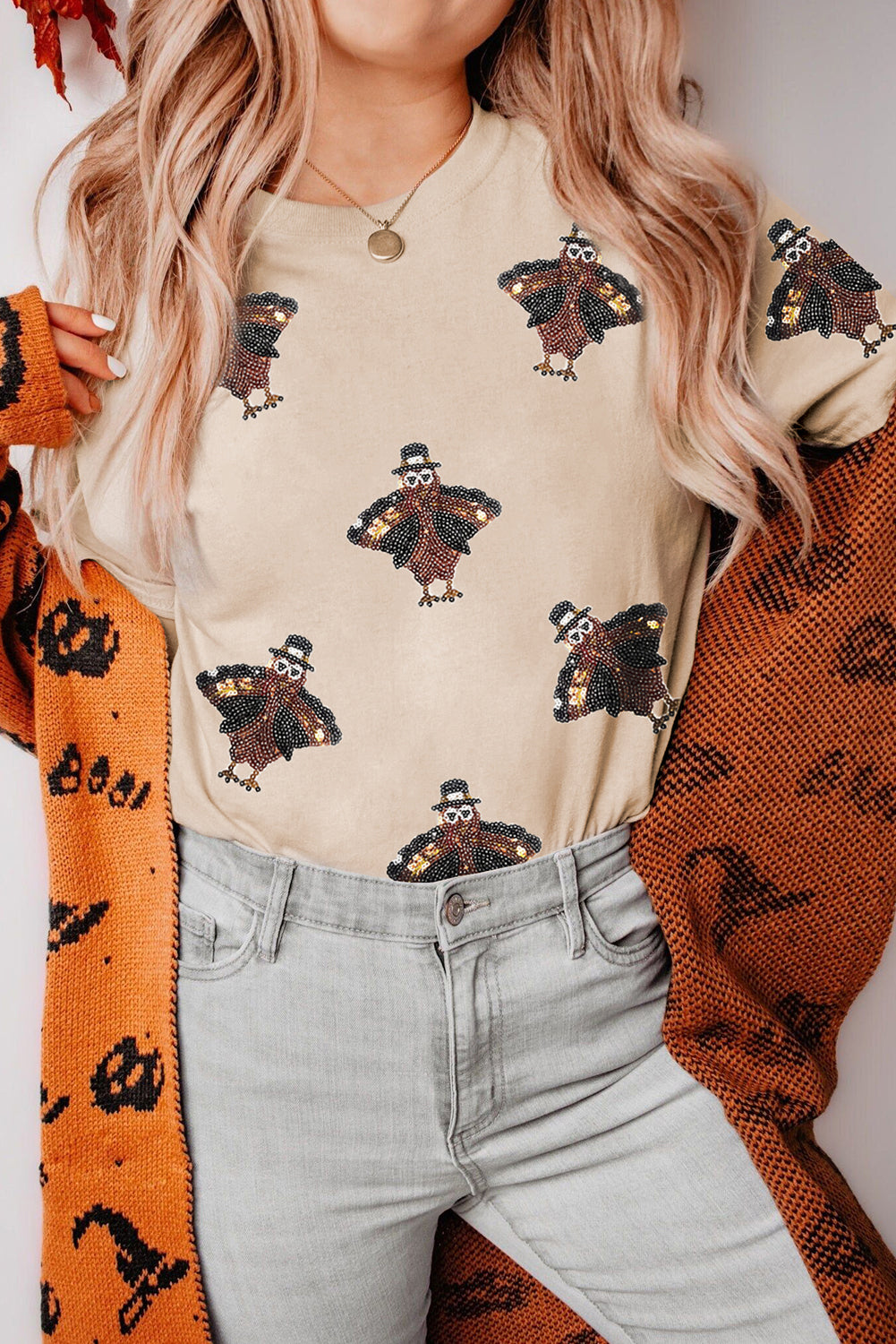 Hazel Blues® |  Khaki Sequined Turkey Patched Pattern Crewneck Thanksgiving T Shirt