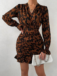 Hazel Blues® |  Ruched Ruffled Leopard Surplice Long Sleeve Dress