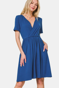 Hazel Blues® |  Zenana Surplice Short Sleeve Brushed DTY Dress