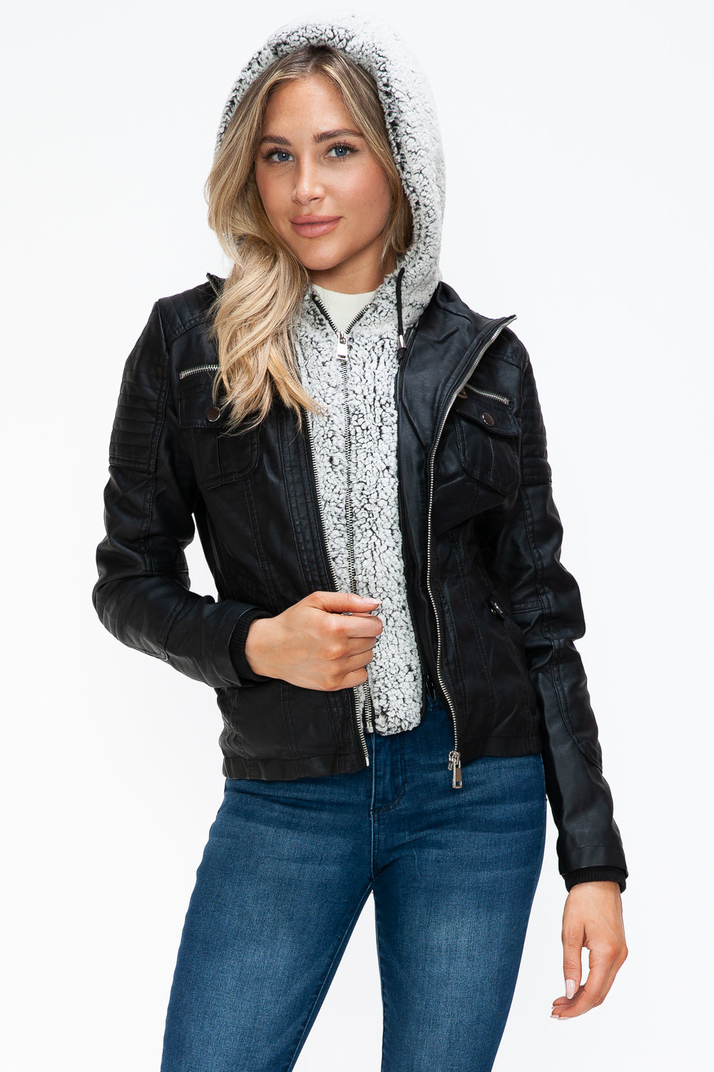 Hazel Blues® |  YMI Removable Faux Layered Multi-Pocket Jacket with Fuzzy Hood