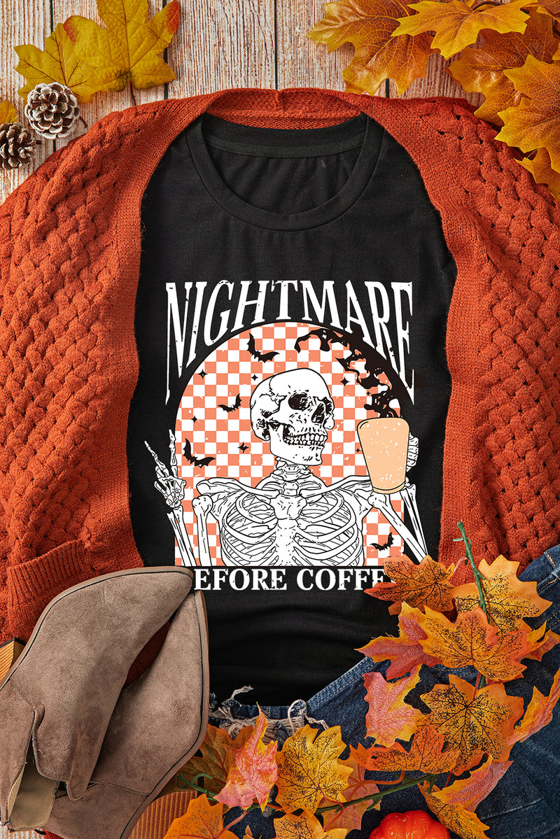 Hazel Blues® |  Black Nightmare Before Coffee Skull Checkerboard Graphic Halloween Tee