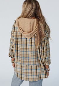 Hazel Blues® |  Drawstring Waffle Knit Patchwork Hooded Plaid Shacket