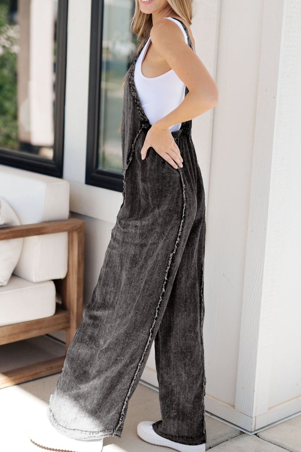 Hazel Blues® |  Frayed Exposed Seam Wide Leg Denim Overalls