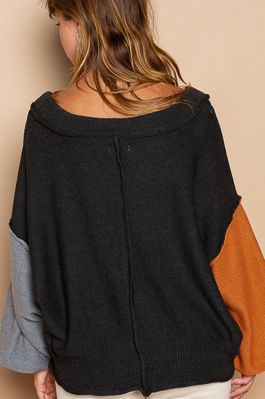 Hazel Blues® |  POL Exposed Seam Roll Edge Color Block V Neck Sweater