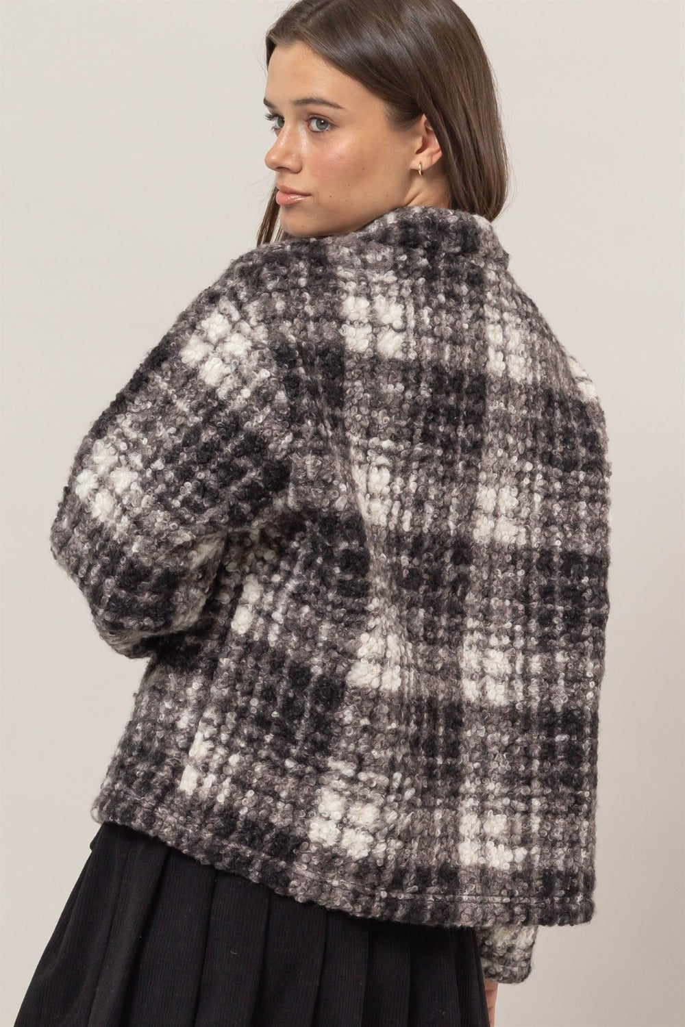 Hazel Blues® |  HYFVE Plaid Collared Neck Boucle Jacket with Pockets