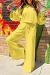 Hazel Blues® |  Yellow Cream Drop Shoulder Puff Sleeve Crop Pullover Drawstring Wide Leg Pants Set