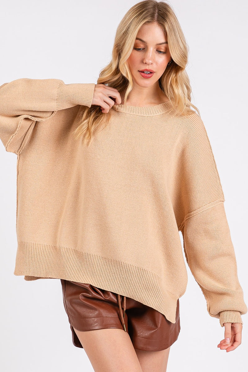 Hazel Blues® |  Mittoshop Side Slit Round Neck Drop Shoulder Sweater