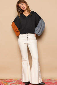 Hazel Blues® |  POL Exposed Seam Roll Edge Color Block V Neck Sweater