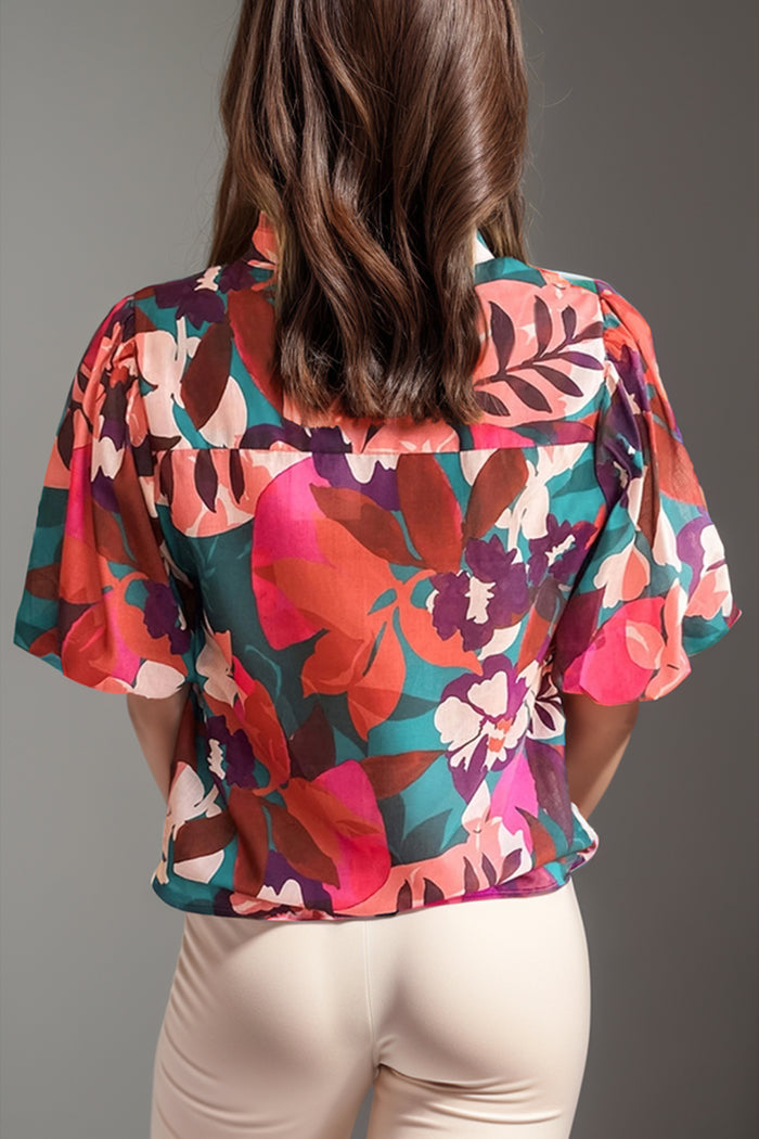 Hazel Blues® |  Printed Notched Puff Sleeve Blouse