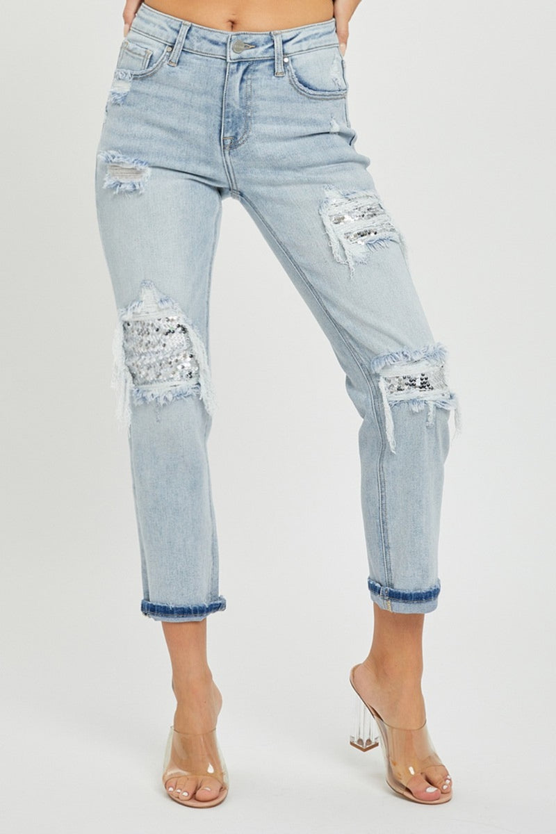Hazel Blues® |  RISEN Mid-Rise Sequin Patched Jeans