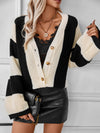 Hazel Blues® |  Waffle-Knit V-Neck Striped Long Sleeve Cardigan