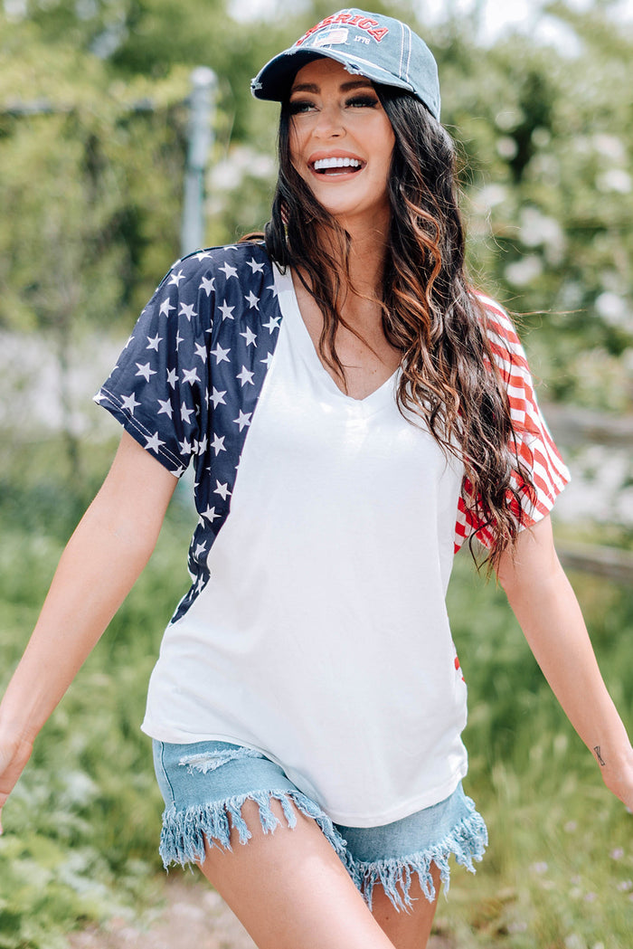 Hazel Blues® |  US Flag V-Neck Tee Shirt