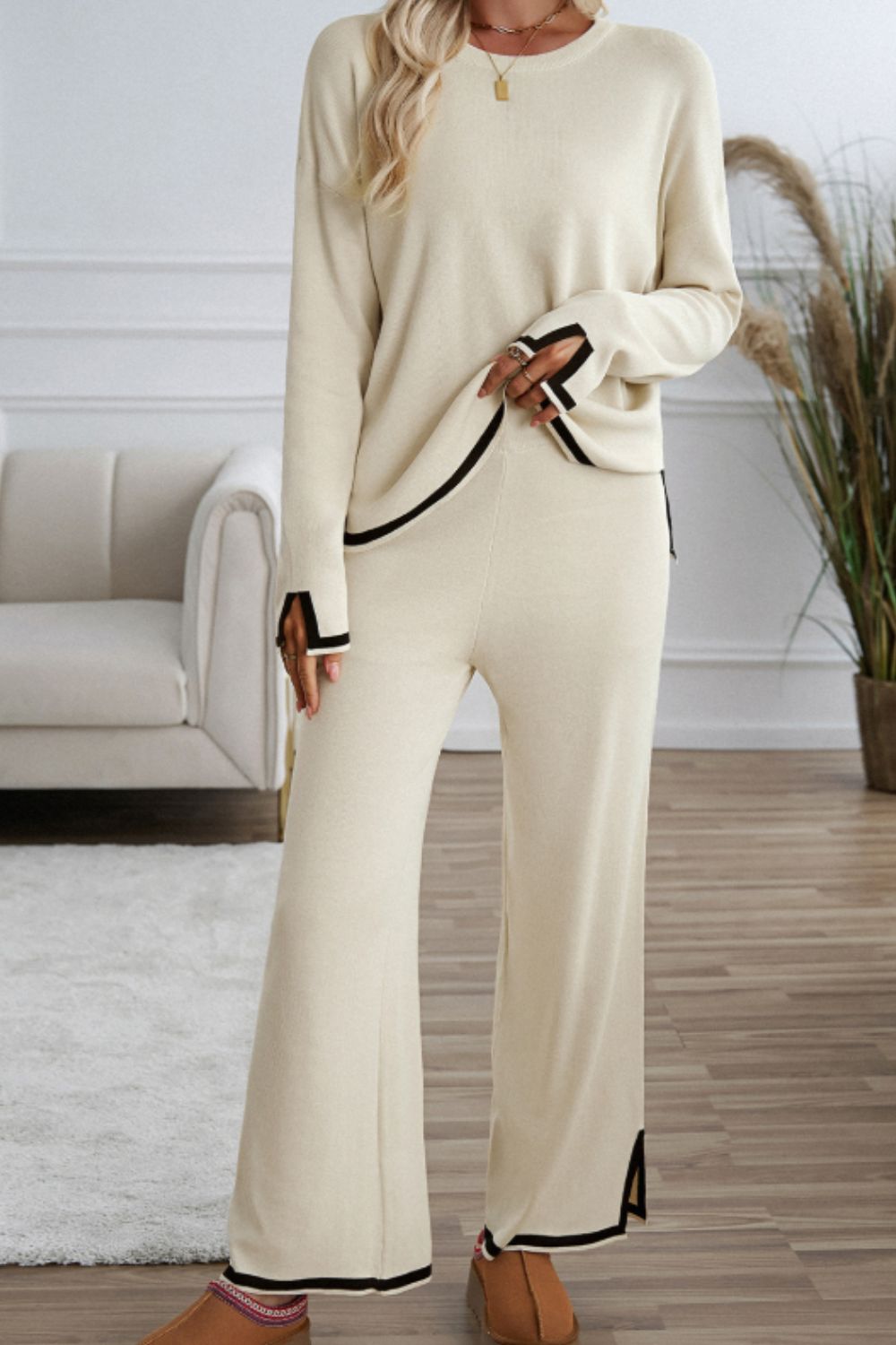 Hazel Blues® |  Contrast Trim Round Neck Top and Pants Sweater Set