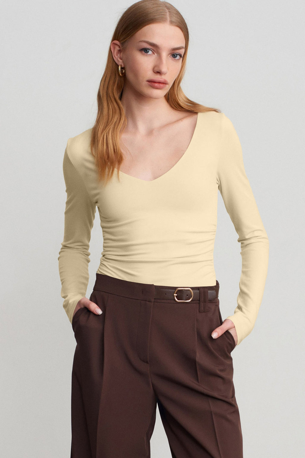 Harper Tate Beige Built-In Bra V-Neck Top