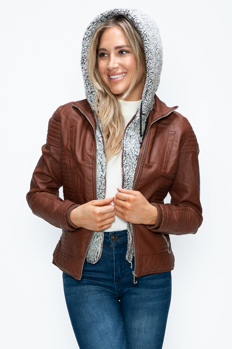 Hazel Blues® |  YMI Faux Layered Double-Zipper Jacket with Fuzzy Hood