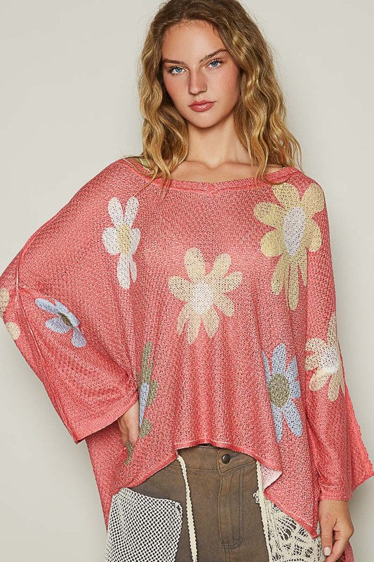 Hazel Blues® |  POL Flower Dropped Shoulder Long Sleeve Knit Top